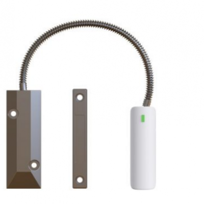 Sensores magnéticos e cabo metálico flexível com sensor branco e suporte cinza