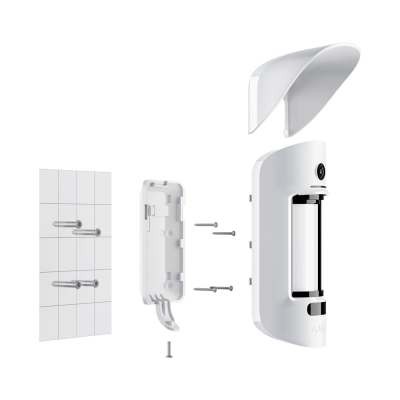 Sensor de movimento branco desmontado com suporte e parafusos