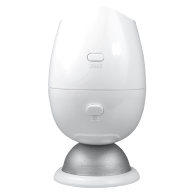 Dispositivo oval branco com base redonda prateada e dois botões