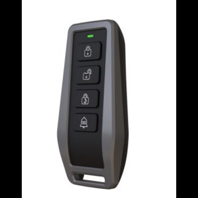 Controle remoto cinza e preto com quatro botões de cadeado e sino