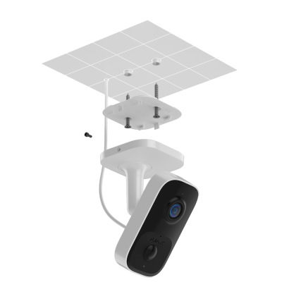 Câmara de segurança branca e preta montada no teto com parafusos e cabo branco