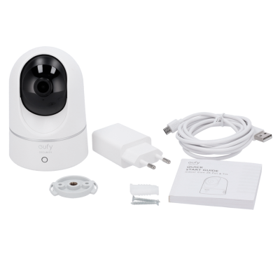 Câmara Eufy Security com acessórios e manual em fundo branco