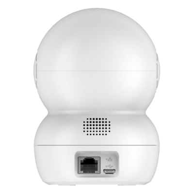 Câmara de segurança branca com portas Ethernet e micro USB na base