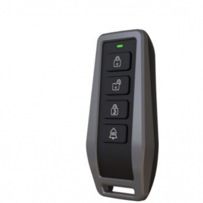 Comando remoto preto e cinzento com quatro botões com ícones de cadeado e campainha