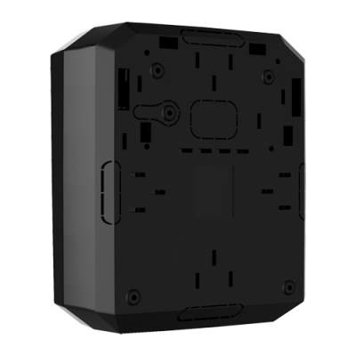 Caixa preta retangular com superfícies lisas e detalhes vazados