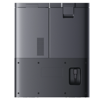 Parte traseira de dispositivo eletrônico cinzento escuro com cabo USB