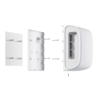 Dispositivo eletrônico branco com três conectores e base de montagem separada