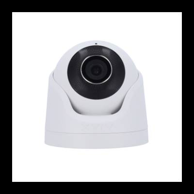 Câmara de vigilância domo branca com lente preta e texto XVIM