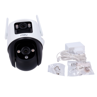 Câmara de segurança Imou branca e preta com acessórios e texto RJ45 Waterproof