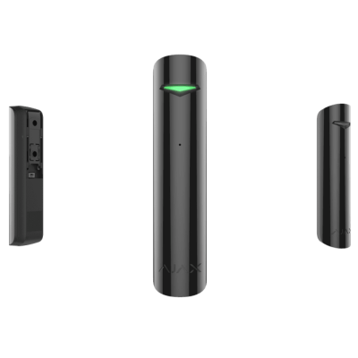 Dispositivo eletrônico preto cilíndrico com luz verde e texto AJAX