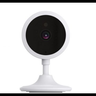 Câmara de vigilância branca com lente preta sobre base