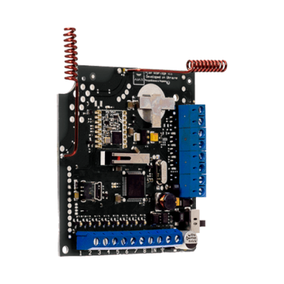 Placa eletrónica com componentes, conectores azuis numerados, bateria redonda e antenas em espiral vermelhas