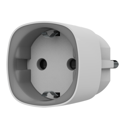 Adaptador elétrico branco com duas entradas circulares e contatos metálicos