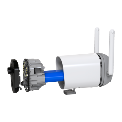 Câmara de segurança branca com antenas e componentes internos expostos
