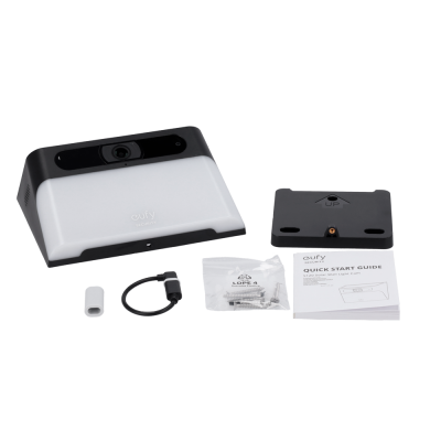 Conjunto de dispositivos e acessórios da marca eufy com base, suporte, adaptador, cabo, saco plástico e guia rápido