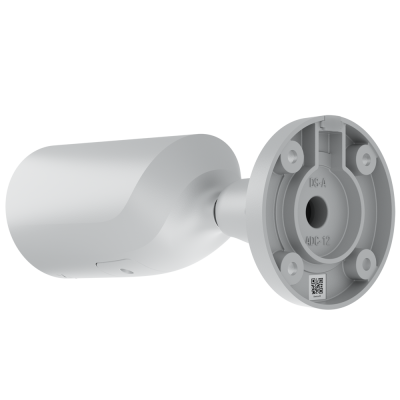 Câmara de segurança branca com base circular e código QR