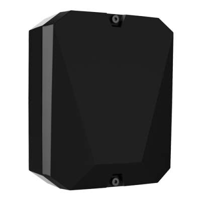 Aparelho eletrônico retangular preto com cantos chanfrados e fixações superior e inferior