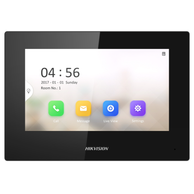 Ecrã tátil preto Hikvision com interface digital e ícones coloridos