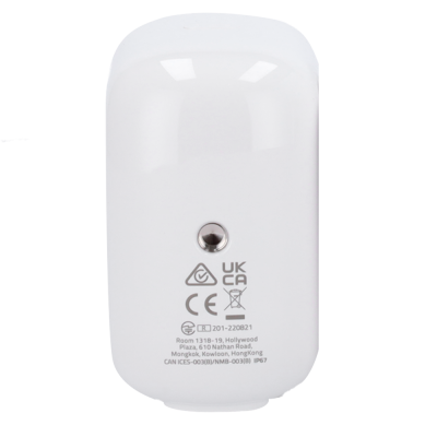 Dispositivo eletrônico branco com texto técnico e símbolos de certificação