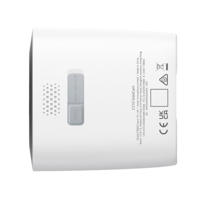 Dispositivo electrónico branco com botão cinzento e etiquetas técnicas