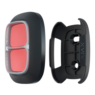 Tampa preta de plástico com elemento vermelho coral e suporte de encaixe