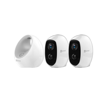 Conjunto de duas câmaras de vigilância e uma unidade base brancas da marca EZVIZ