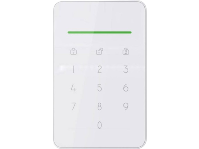 Painel tátil branco com teclado numérico e ícones de cadeado
