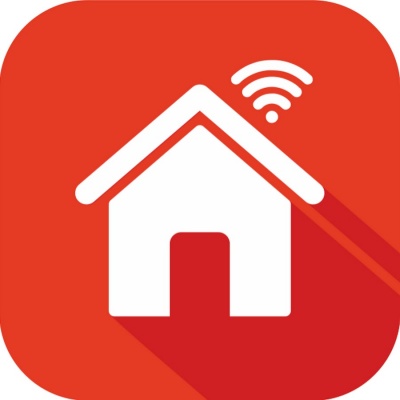 Ícone de casa com símbolo Wi-Fi em fundo vermelho