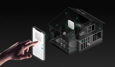 Mão a usar smartphone para controlar casa inteligente 3D