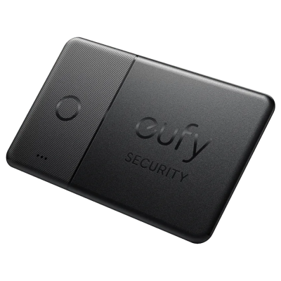 Dispositivo de segurança preto da Eufy com botão circular e texto eufy SECURITY