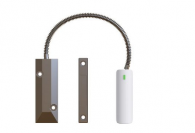 Sensores magnéticos e cabo metálico flexível com sensor branco e suporte cinza