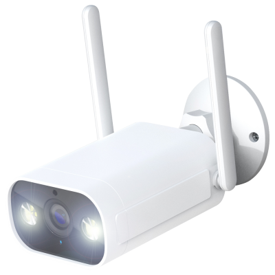 Câmara de segurança branca com antenas e luzes LED