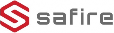 Logótipo Safire vermelho e cinzento em fundo branco