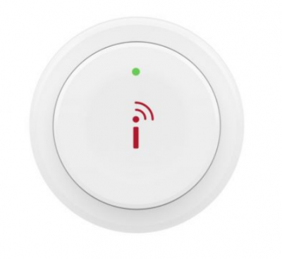 Sensor redondo branco com símbolo vermelho e ponto verde