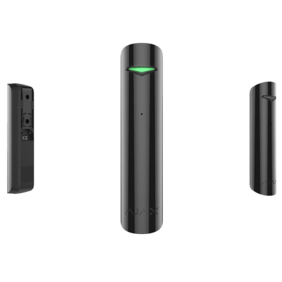 Dispositivo eletrônico preto cilíndrico com luz verde e texto AJAX