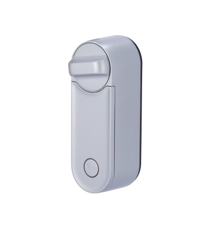 Dispositivo eletrónico branco com botão circular e perno giratório