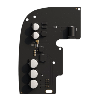 Placa eletrónica preta com componentes cinzentos e pretos