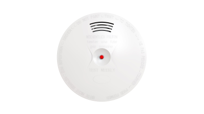 Dispositivo redondo branco com indicador vermelho central e texto impresso em cinza.