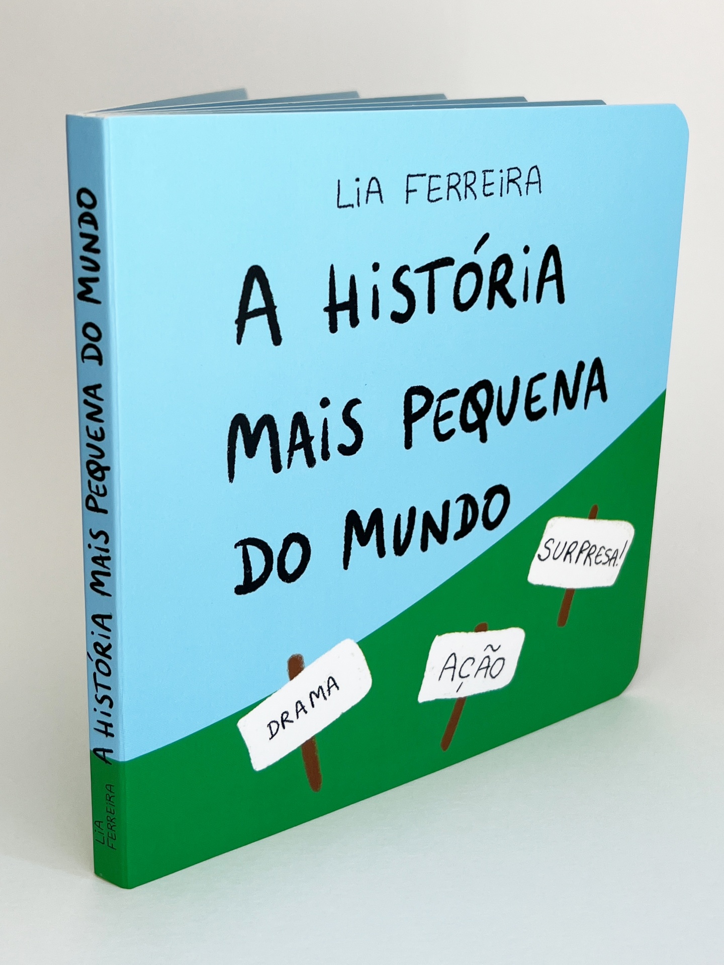 Livro infantil azul e verde com título e placas com palavras em português