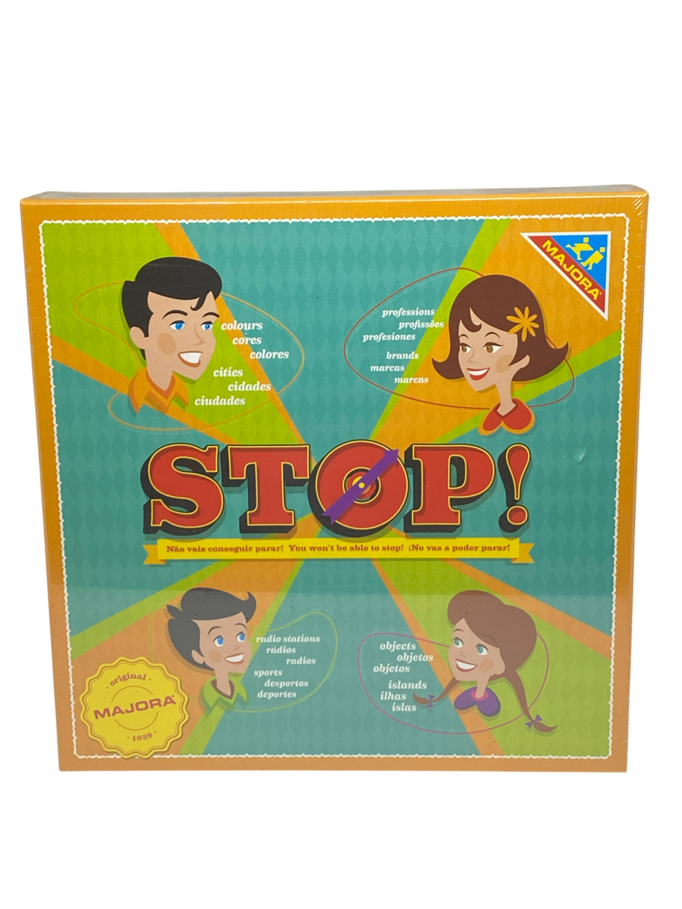STOP! Embalagem colorida de jogo de tabuleiro STOP! com faces desenhadas e texto em várias línguas