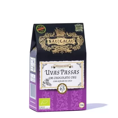 Embalagem de papel Uvas Passas em Chocolate Cru com açúcar de coco 70g