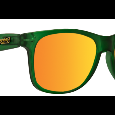 Óculos de sol verde com lentes espelhadas laranja e texto palm3 na haste