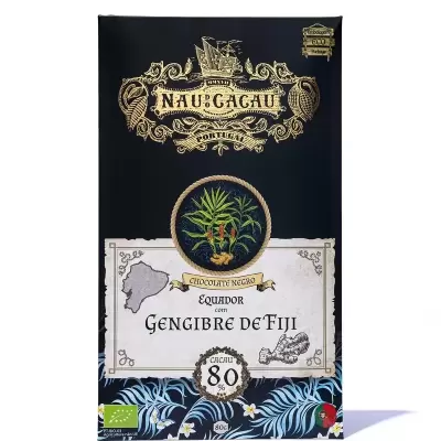 Embalagem preta de chocolate negro com detalhes dourados e design floral azul