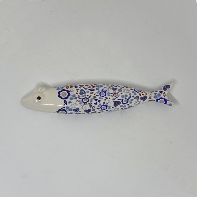 Figura decorativa peixe cerâmica floral azul vermelho castanho branco