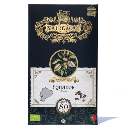 Embalagem preta de chocolate negro 80% cacau NAU CACAU, origem Equador, selo BIO, 80g