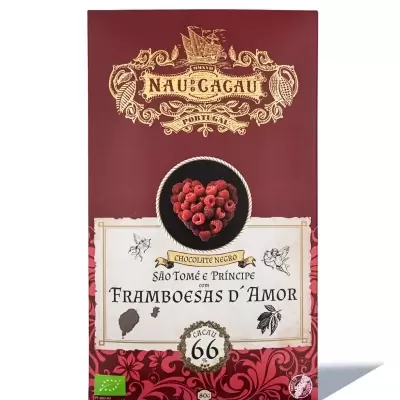 Embalagem de chocolate negro com imagem de framboesas e design floral