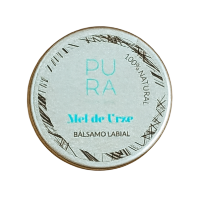 Bálsamo labial PU RA Mel de Urze em embalagem redonda branca com texto turquesa e preto