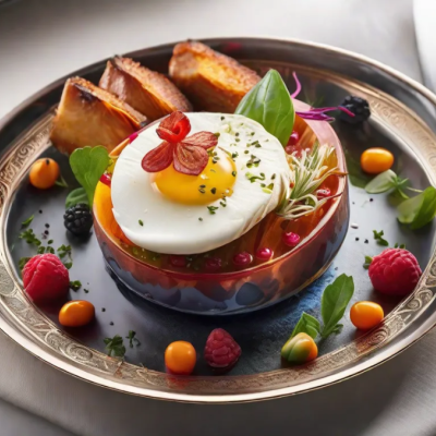 Prato de sobremesa com doce redondo colorido, frutas vermelhas, ovo de chocolate decorativo e pedaços de bolo em travessa metalizada ornamentada.