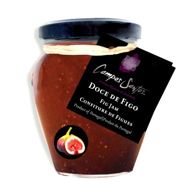 Frasco de doce de figo Campos Santos com etiqueta preta e imagem de figo