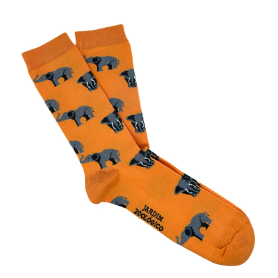 Meias laranja com padrão de elefantes cinzentos e texto JARDIM ZOOLÓGICO